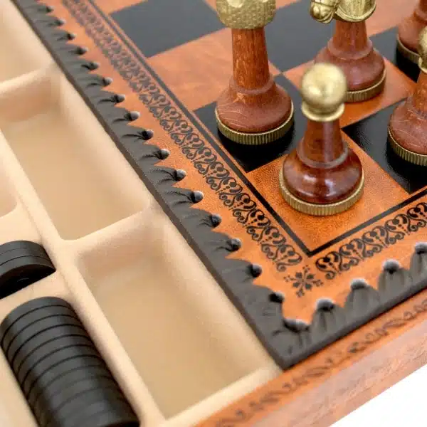 Jeu d'Échecs Classique - Échiquier - Backgammon et Jeu de dames en similicuir avec rangement & Pièces en bois et métal