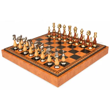 Jogo de xadrez Grand Oriental completo sobre tabuleiro em símile de couro, vista geral