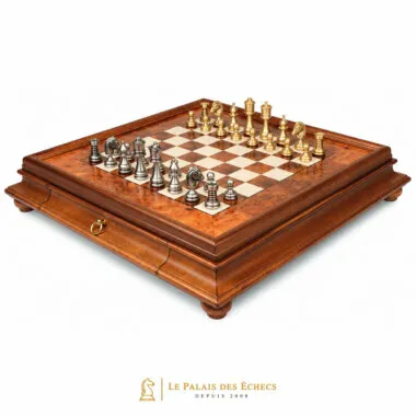 Jogo de xadrez Persa completo em tabuleiro de madeira de raiz com gaveta e pés torneados