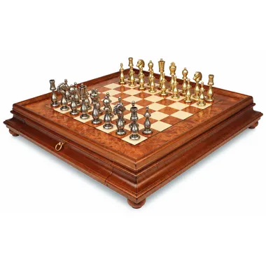 Jogo de xadrez Arabesque completo em tabuleiro de madeira de raiz com gaveta