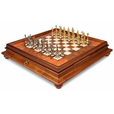 Jogo de xadrez Napoleão completo em tabuleiro de madeira burl com gaveta