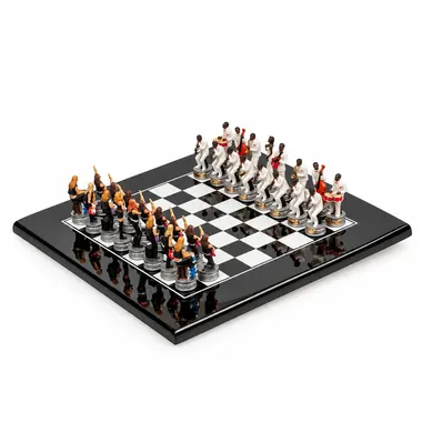 Jogo de xadrez Jazz vs Rock completo em tabuleiro de madeira lacada a preto