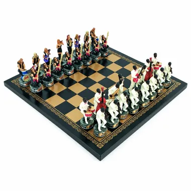 Tabuleiro de xadrez em símile de couro com peças em resina Jazz vs Rock, vista geral