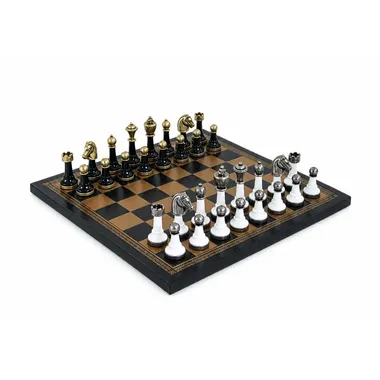 Jogo de xadrez Staunton completo sobre tabuleiro em simili couro dourado e preto