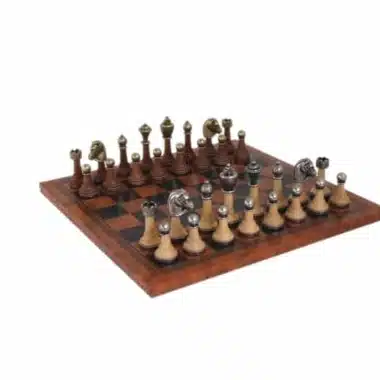 Jogo de Xadrez Staunton em Metal e Madeira com Tabuleiro em Pele Sintética Castanha