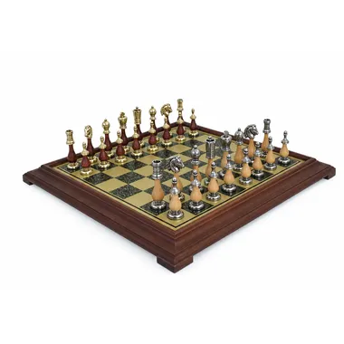 Jogo de xadrez Arabesque completo em tabuleiro efeito latão com moldura em madeira