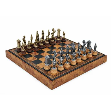 Jogo de xadrez Mary Stuart completo com tabuleiro em couro sintético com motivo de mapa