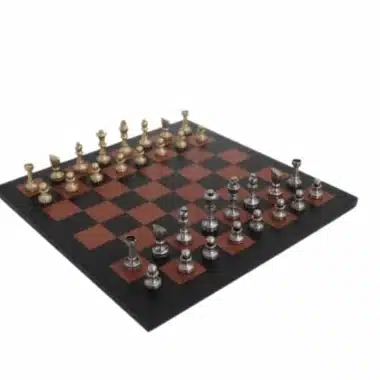Pequeno Jogo de Xadrez Moderno em Latão Artesanal & Tabuleiro em Couro Verdadeiro