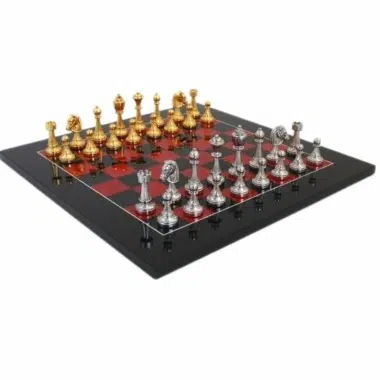 Jogo de Xadrez Floral - Tabuleiro em Madeira de Urze Preto e Vermelho Brilhante & Jogo de Xadrez em Metal Banhado a Ouro e Prata