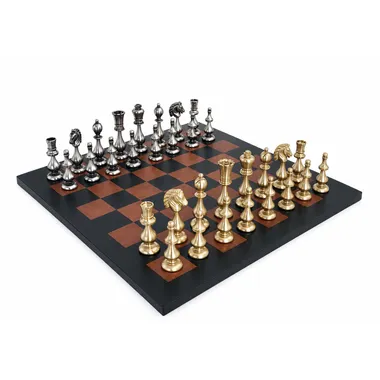 Jogo de xadrez Grand Oriental em latão maciço sobre tabuleiro em couro genuíno