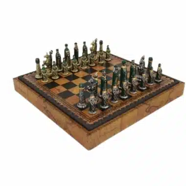 Jogo de Xadrez Medieval - Tabuleiro de Xadrez & Damas em Pele Sintética com Compartimento de Arrumação & Peças de Xadrez em Metal