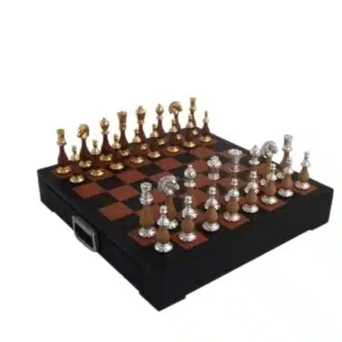 Jogo de Xadrez em Madeira e Metal Banhado a Ouro e Prata com Tabuleiro em Pele e Gaveta de Arrumação