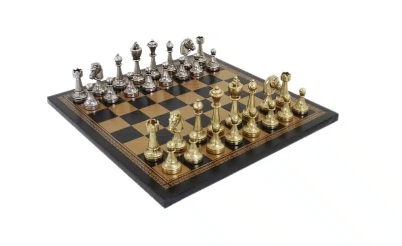 Jogo de Xadrez Staunton em Metal & Tabuleiro em Pele Sintética
