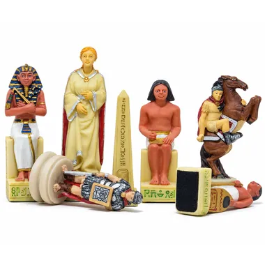 Figuras egípcias e romanas em resina, cavaleiro e soldados deitados