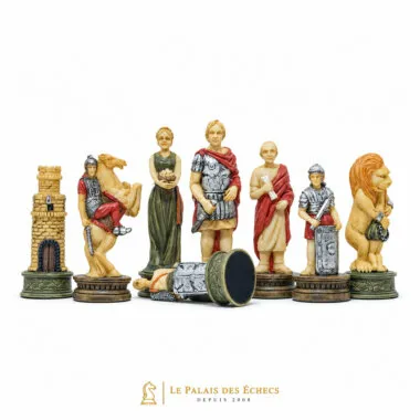 Peças de xadrez Romanos vs Gladiadores: torre, cavalo, dama, rei, bispo e leão