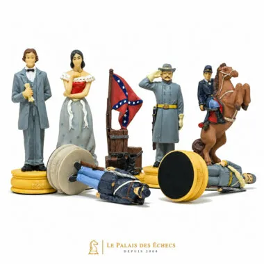 Peças de xadrez detalhadas: civis, bandeira confederada, general e cavaleiro montado