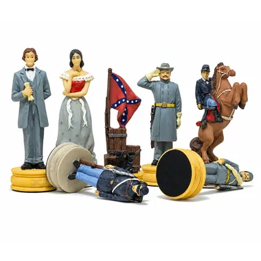 Peças de xadrez detalhadas: civis, bandeira confederada, general e cavaleiro montado