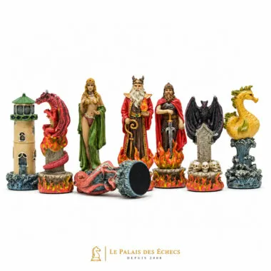 Peças do lado do Fogo: dragão, torre, feiticeiro, rei, rainha e criatura alada