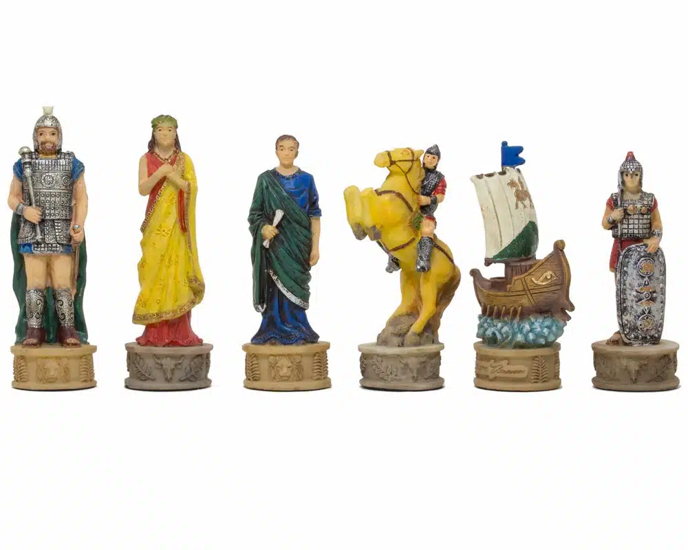 Jogo de Xadrez em Resina Mitologia Grega: A Batalha de Tróia e Tabuleiro em Pele Sintética Dourada e Azul - Image 4