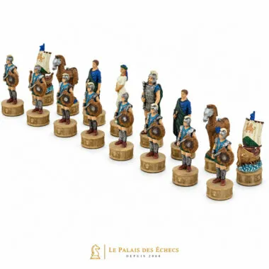 Peças de xadrez em resina, exército azul e bege estilo Batalha de Troia