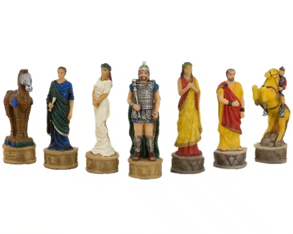 Jogo de Xadrez em Resina Mitologia Grega: A Batalha de Tróia e Tabuleiro em Pele Sintética Dourada e Azul - Image 8