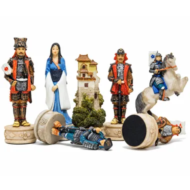 Peças Samurai em resina: rei, dama, torre, bispo e cavalo detalhados