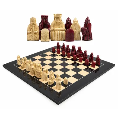 Jogo de xadrez completo Ilha de Lewis em resina vermelha e creme sobre tabuleiro lacado