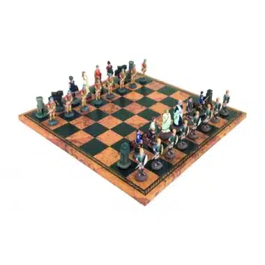 Jogo de Xadrez Mitologia Grega em Estanho e Tabuleiro em Pele Sintética