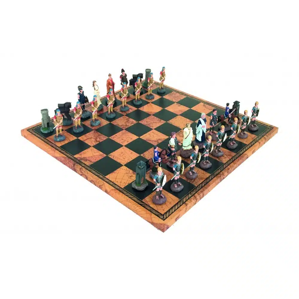 Jogo de Xadrez Mitologia Grega em Estanho e Tabuleiro em Pele Sintética