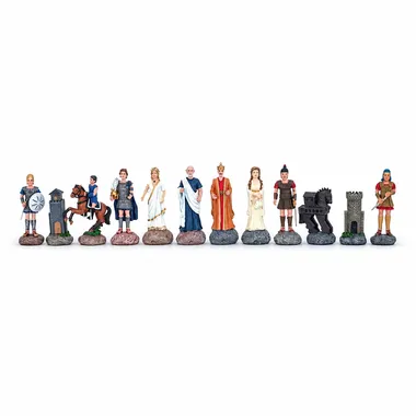 Peças de xadrez em estanho Mitologia Grega alinhadas mostrando todas as personagens