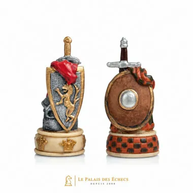 Peões em forma de espada e escudo, detalhe das peças do jogo de xadrez escocês