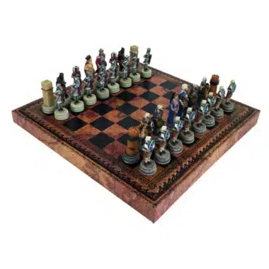Jogo de xadrez Romanos vs Árabes completo em tabuleiro de couro sintético com arrumação