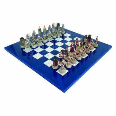 Jogo de Xadrez Romanos VS Gregos em Resina e Tabuleiro em Madeira de Urze Azul e Branco