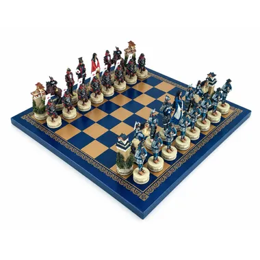 Jogo de xadrez Samurai em resina pintada à mão sobre tabuleiro de couro sintético dourado e azul