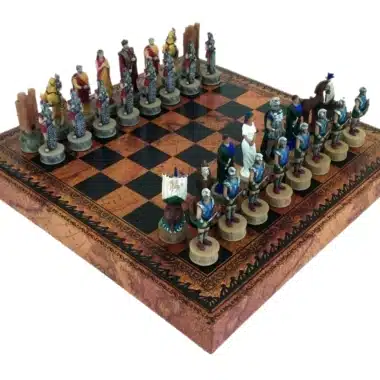 Jogo de xadrez Batalha de Troia em resina sobre tabuleiro em pele sintética
