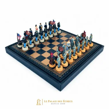 Jogo de xadrez da Guerra Civil Americana em resina sobre tabuleiro de couro sintético preto