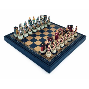 Jogo de xadrez Romanos contra Gregos em resina sobre tabuleiro dourado e azul