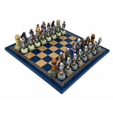 Jogo de xadrez Guerras Árabo-Bizantinas completo sobre tabuleiro em pele sintética dourada e azul