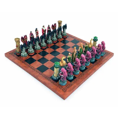 Jogo de xadrez Fantasy Água vs Fogo disposto no tabuleiro em pele sintética castanha e preta