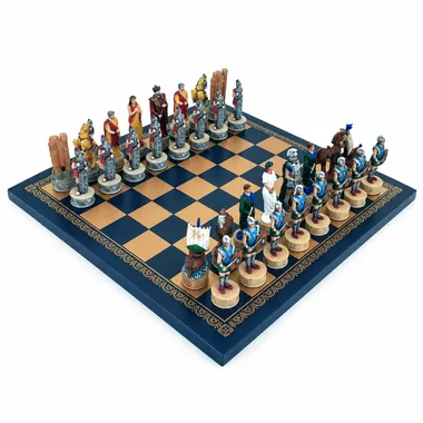 Jogo de xadrez completo sobre a Batalha de Troia, tabuleiro azul e dourado