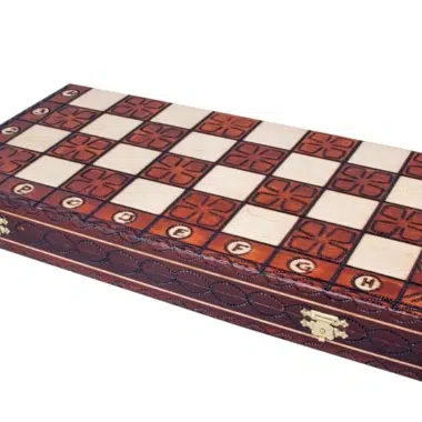 Échiquier pliant en bois marqueté avec coffret de rangement fermé par fermoirs