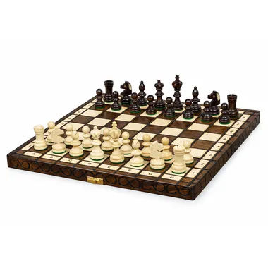 Jogo de xadrez de madeira dobrável com arrumação, peças pretas e brancas prontas a jogar
