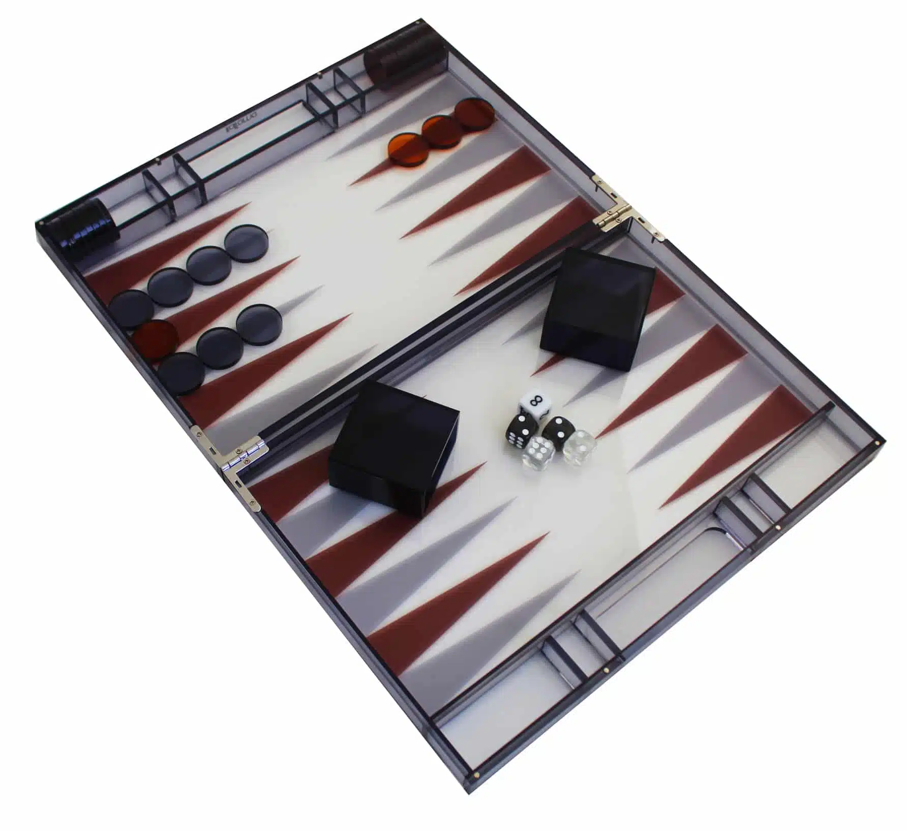 Gamão moderno em plexiglas cinzento com peças de damas, copo de dados e conjunto de dados