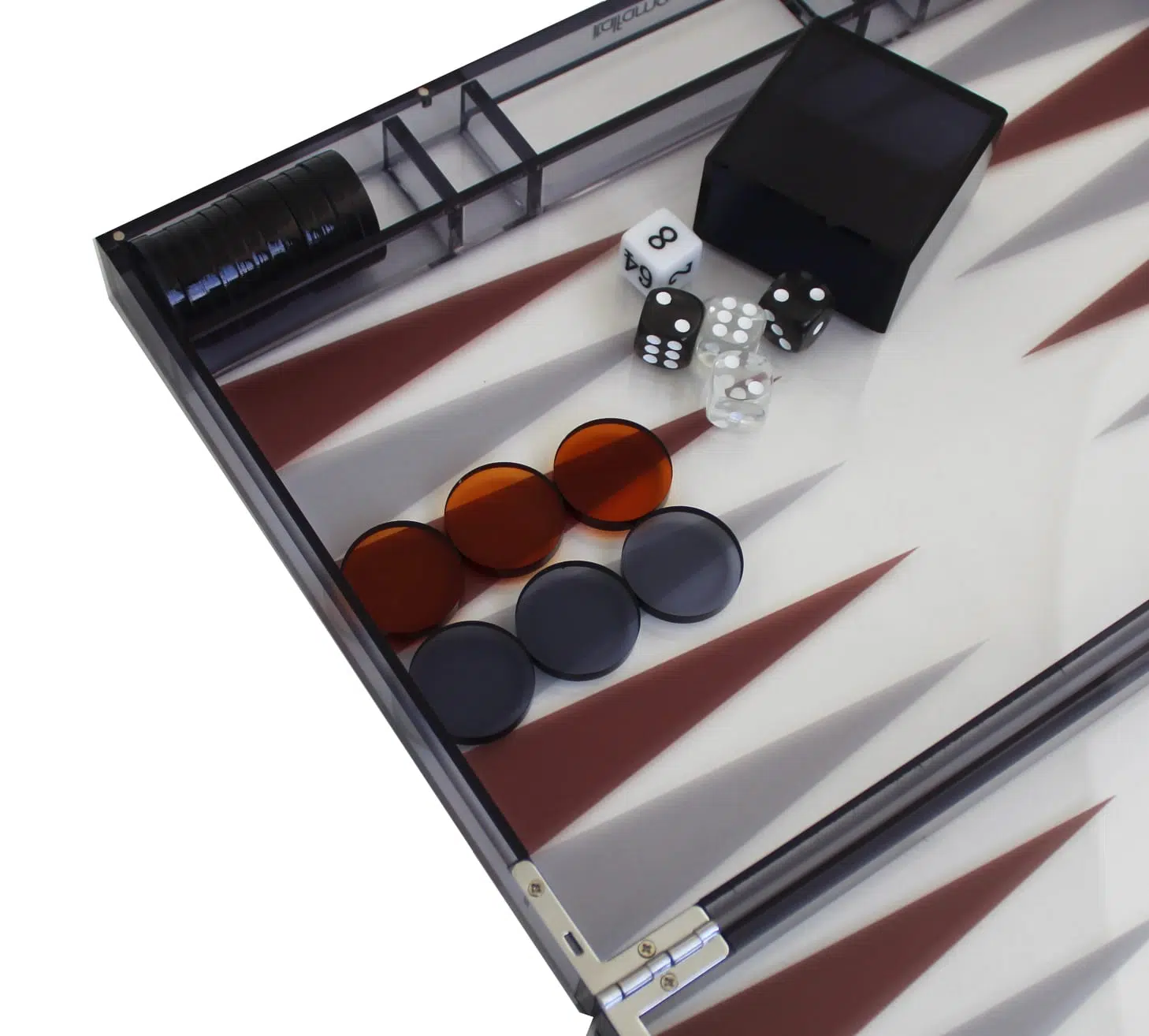 Gamão moderno em plexiglas cinzento com peças de damas, copo de dados e conjunto de dados - Image 3