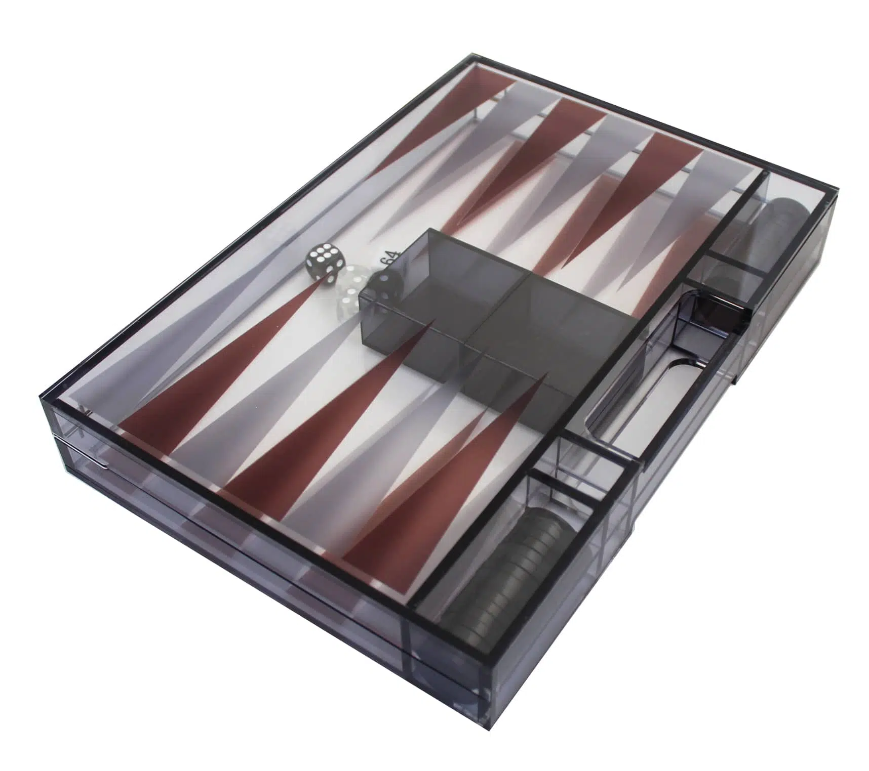 Gamão moderno em plexiglas cinzento com peças de damas, copo de dados e conjunto de dados - Image 2