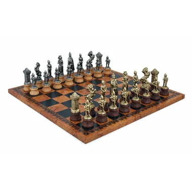 Jogo de xadrez Mary Stuart completo em tabuleiro com mapa-múndi antigo