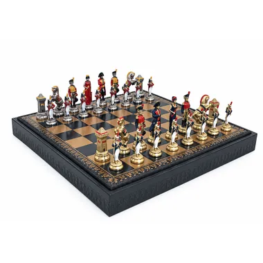 Jogo de xadrez Napoleão completo em tabuleiro de couro sintético com caixa de arrumação