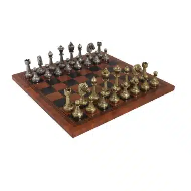 Jogo de Xadrez Staunton em Metal e Tabuleiro em Pele Sintética Castanha