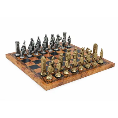 Jogo de Xadrez Romanos vs Bárbaros e Tabuleiro de Xadrez em Couro Sintético Mapa-Múndi Antigo