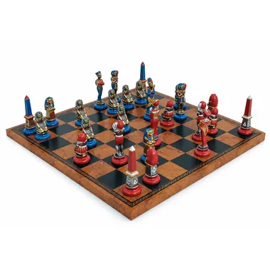Jogo de xadrez Egipto Antigo sobre tabuleiro em couro sintético, vista do ângulo oposto